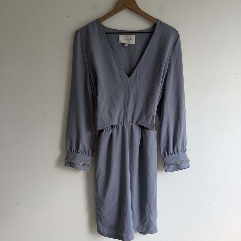 Brochu Walker Gray Dress Size L Long Sleeve V Neck Tie Back Waist Fringe Cuffs